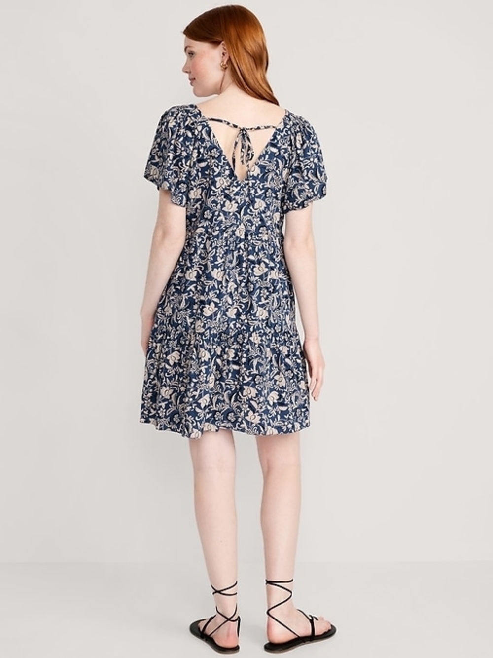 Old Navy Floral Tiered Mini Dress Small Boho Cottagecore Puff Sleeve V Neck - Picture 2 of 7